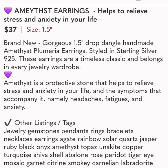 💜 AMEYTHST EARRINGS  - Helps to relieve stress and anxiety. Drop 1.5” - Picture 6 of 6